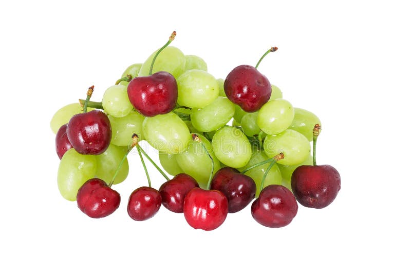 Heap of Fresh Organic Cherries with Green Grapes Stock Photo Image of