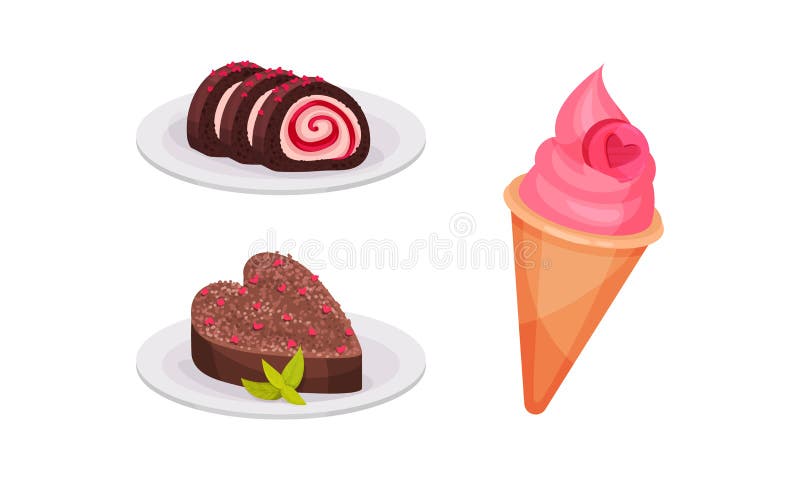 Sweet Chocolate Heart Shaped Cake and Ice Cream as Saint Valentine Day Festive Attributes and Symbols Vector Set