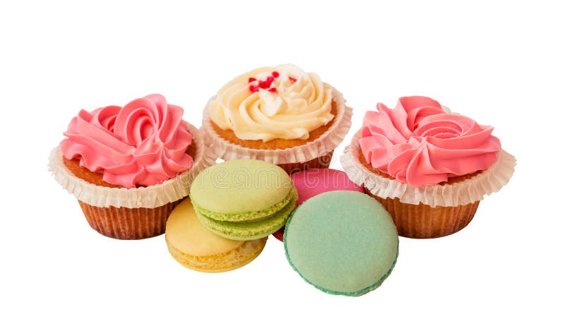 Sweet colorful macaroons and cupcakes isolated on white. Selective focus