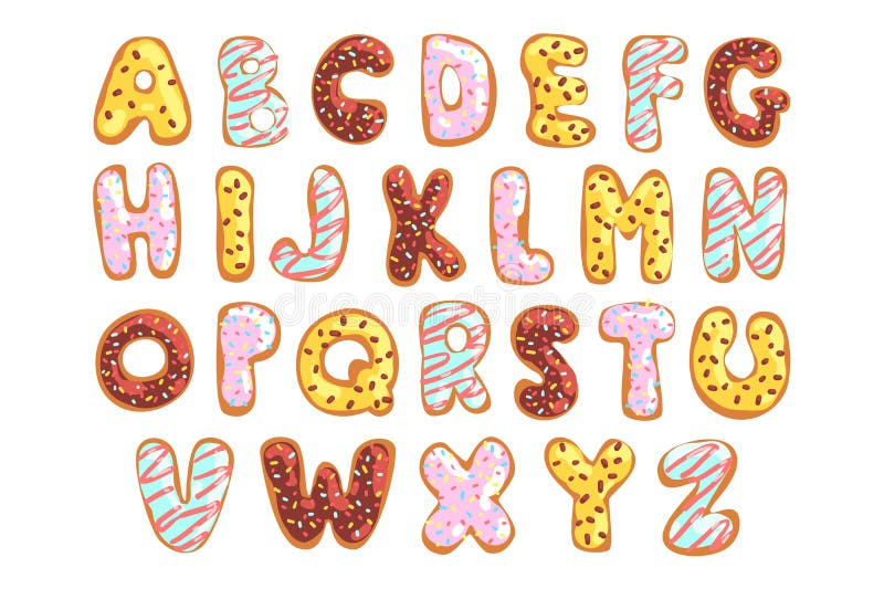 Sweet cookie English alphabet, edible bakery letters in the shape of glazed cookies vector Illustration on a white