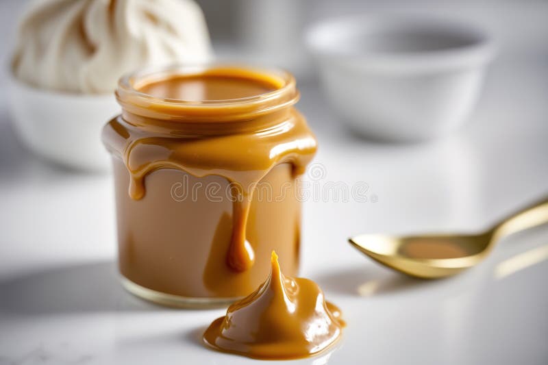 Sweet and creamy Dulce de Leche in glass jar on a white table. Generative AI