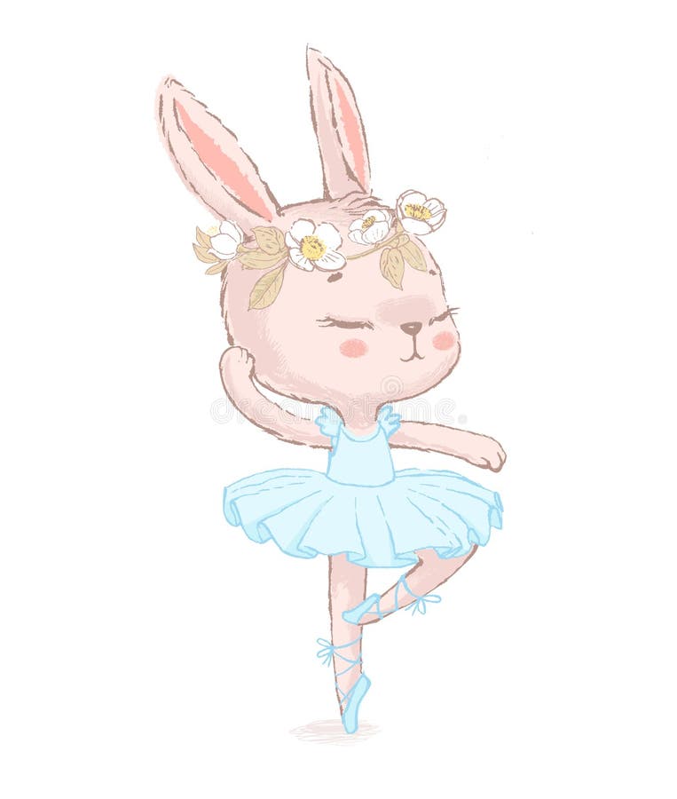 Sweet dancing ballerina bunny illustration. Dancilg little rabbit wearing blue tutu ans wreath. Can be used for t-shirt