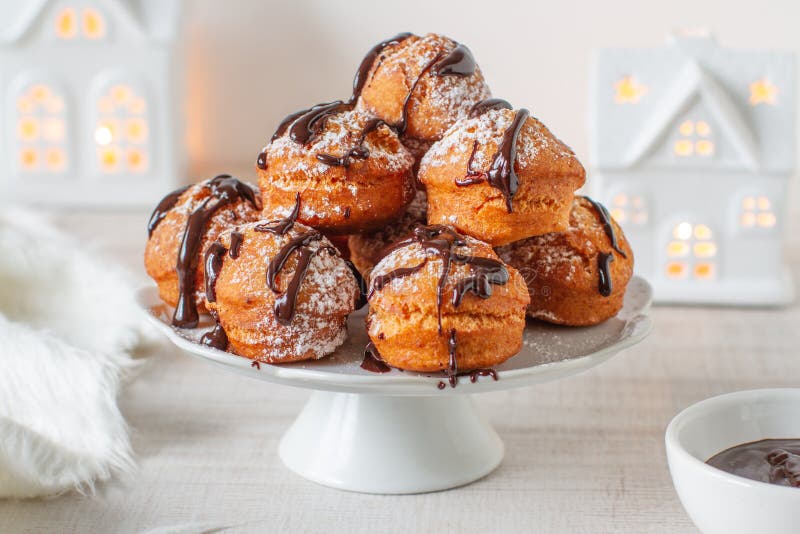 Sweet Deep Fried Small Homemade Balls Donuts on a Platter Stock Image