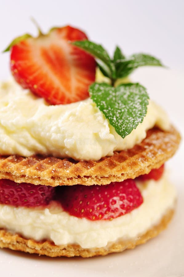 Sweet Dessert Wafers with Vanilla Creme and Strawberries Stock Photo
