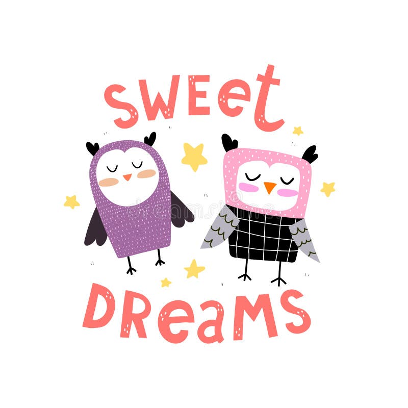 Sweet Dreams. Cartoon Owls, Hand Drawing Lettering, Decor Elements ...