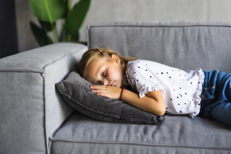 Sweet Dreams. Cute Little Preteen Girl Sleep Dream Nap on Cozy Couch ...