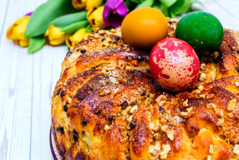 Sweet Easter Bread with Flowers Decoration Stock Image Image of