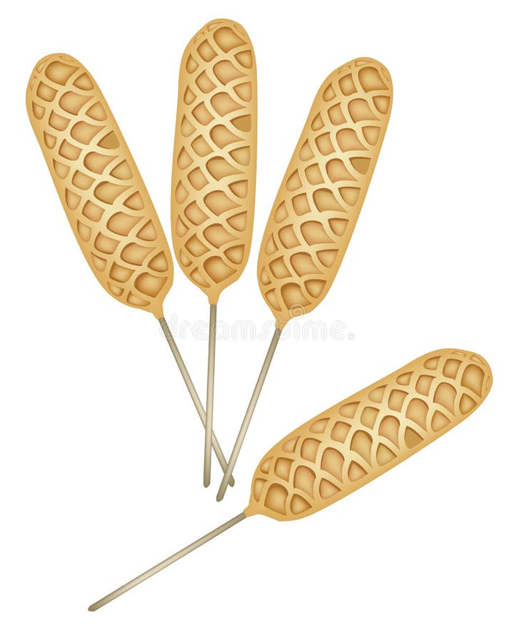 Sweet Food and Dessert Food, Four Golden Brown Homemade Corn Dogs or Hot Dog Waffles on A Stick, Isolated on White Background. Sweet Food and Dessert Food, Four Golden Brown Homemade Corn Dogs or Hot Dog Waffles on A Stick, Isolated on White Background