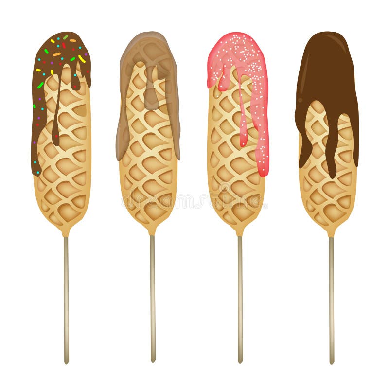 Sweet Food and Dessert Food, An Illustration Collection of Golden Brown Homemade Corn Dogs or Hot Dog Waffles on A Stick in Various Flavours. Sweet Food and Dessert Food, An Illustration Collection of Golden Brown Homemade Corn Dogs or Hot Dog Waffles on A Stick in Various Flavours