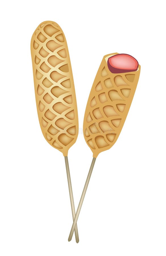 Sweet Food and Dessert Food, Two Golden Brown Homemade Corn Dogs or Hot Dog Waffles on A Stick, Isolated on White Background. Sweet Food and Dessert Food, Two Golden Brown Homemade Corn Dogs or Hot Dog Waffles on A Stick, Isolated on White Background