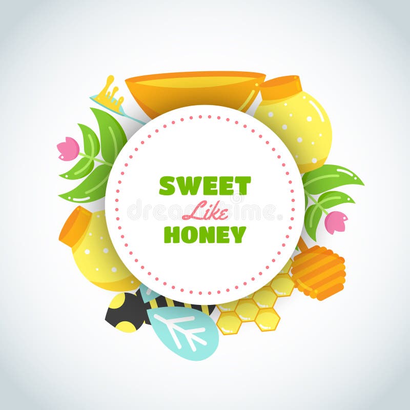 Sweet Honey Text. Background with flat honey elements. Poster with bee, beehive, jar, honeycomb. Vector stock illustration