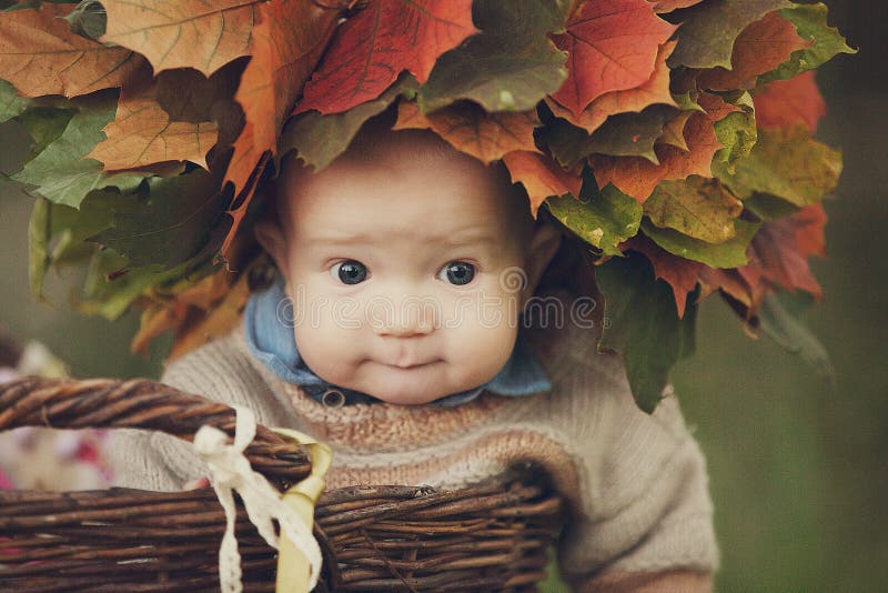 Sweet little baby with big eyes and a colorful autumn wreath made of maple leaves on his head, sits in a wicker basket outdoor