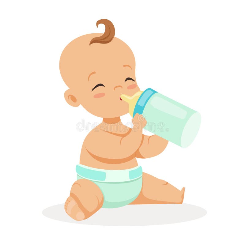 Sweet Little Baby Sitting and Drinking Milk in a Plastic Bottle, Colorful  Cartoon Character Vector Illustration Stock Vector - Illustration of  diaper, cartoon: 93948752