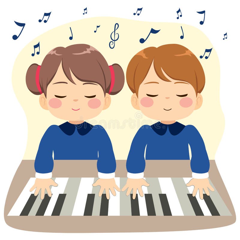 Cute Cartoon Little Girl Playing Piano Stock Vector - Illustration of