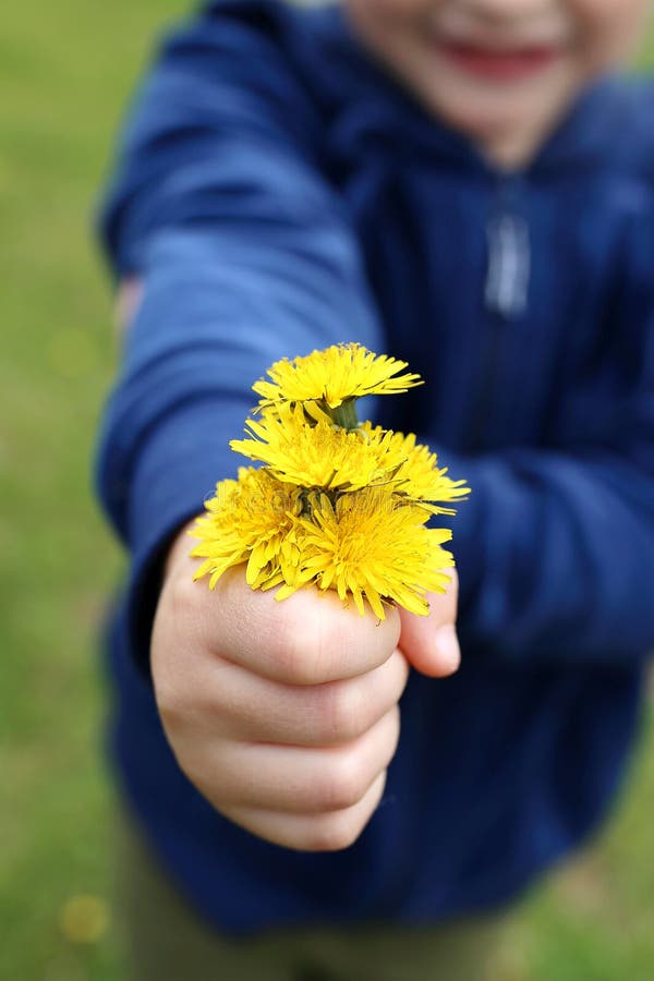 A Sweet Little Girl Child is Handing her Family Member a Bouquet stock images A Sweet Little Girl Child is Handing her Family Member a Bouquet stock images