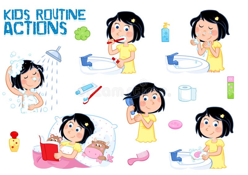 Sweet little girl with dark hair and freckle face - daily routine - white background vector illustration Sweet little girl with dark hair and freckle face - daily routine - white background vector illustration