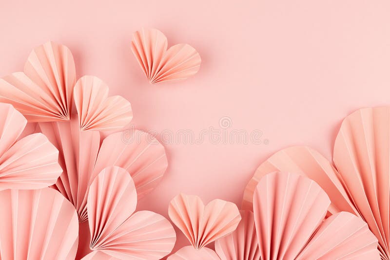 Sweet love Valentine day background with pink paper hearts of asian fans in modern fashion style fly on cute soft light pastel.