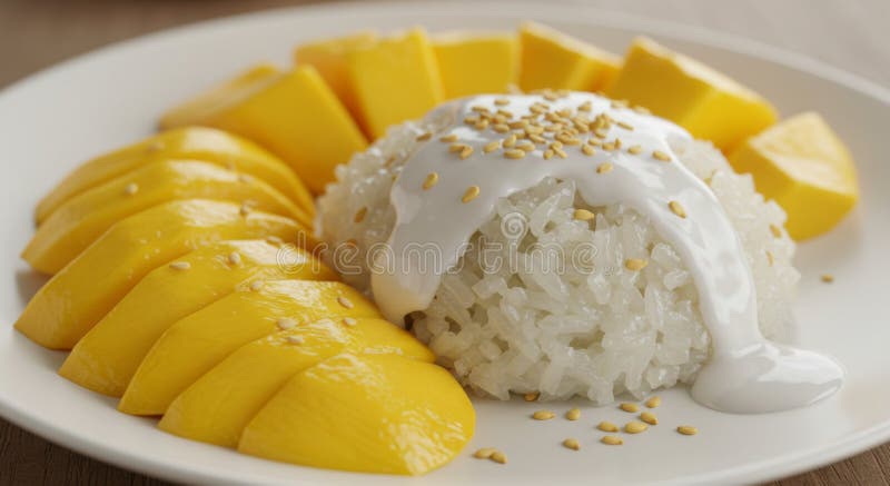 Sweet Mango Sticky Rice with Coconut Milk and Sesame Seeds royalty free illustration