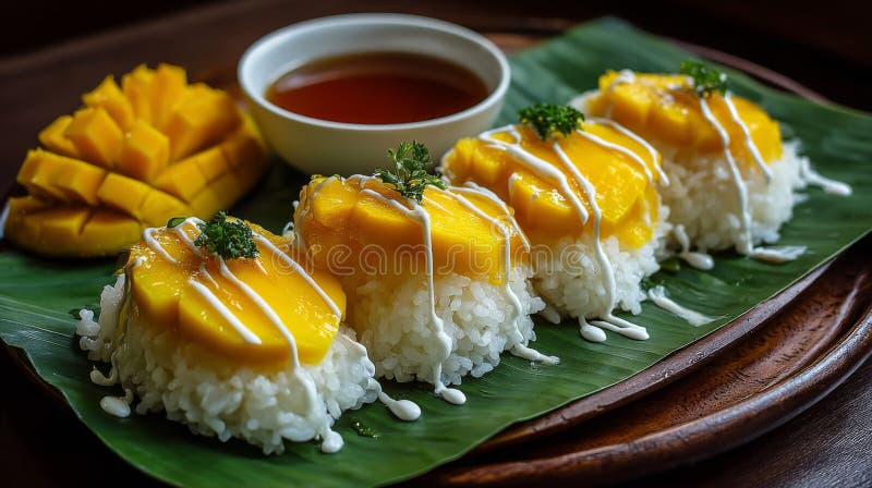 Sweet Mango Sticky Rice Dessert on Banana Leaf royalty free illustration