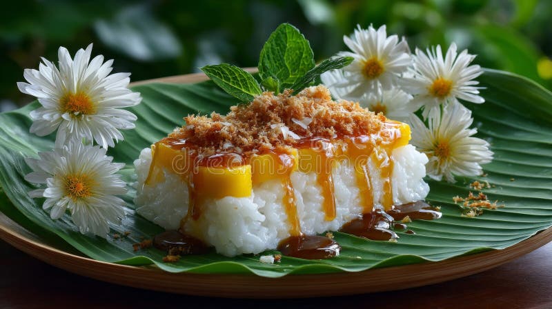 Sweet Mango Sticky Rice Dessert on Banana Leaf vector illustration