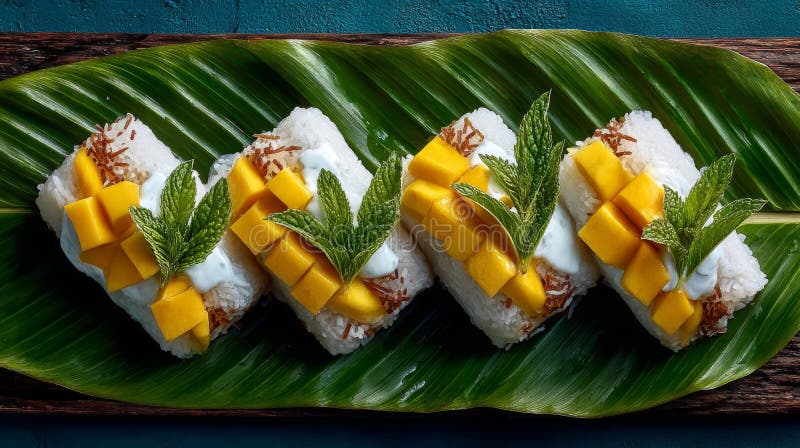 Sweet Mango Sticky Rice Dessert on Banana Leaf royalty free illustration