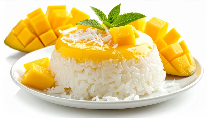 Sweet Mango Sticky Rice Dessert with Coconut Flakes stock illustration