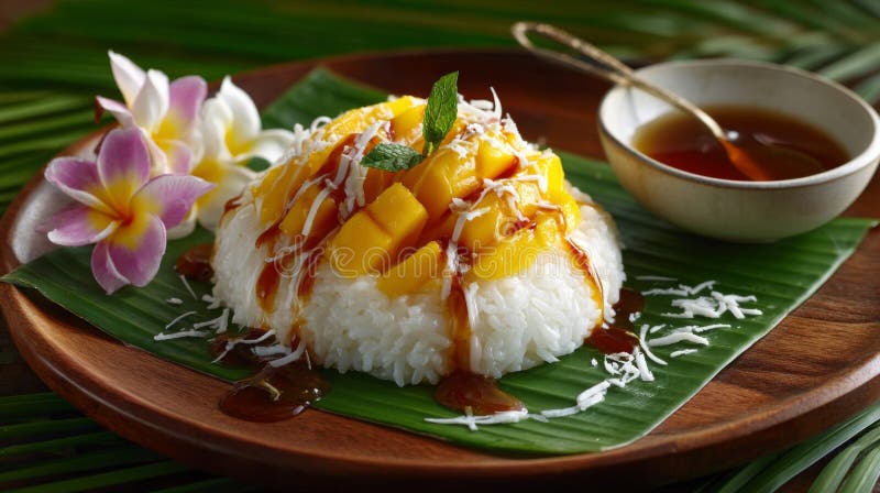 Sweet Mango Sticky Rice Dessert with Coconut Milk stock illustration