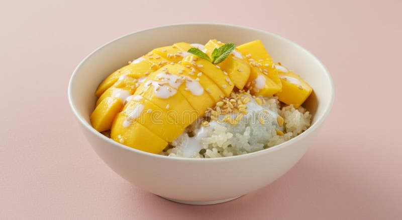 Sweet Mango Sticky Rice Dessert in White Bowl royalty free illustration