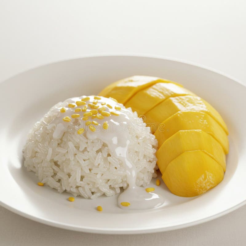 Sweet Mango Sticky Rice Dessert on White Plate stock illustration