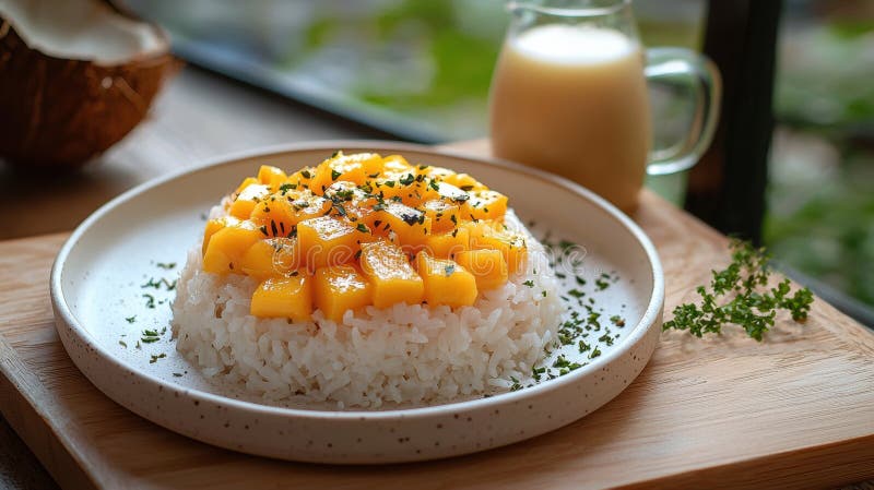Sweet mango sticky rice served on white plate with creamy sauce. Generative AI vector illustration