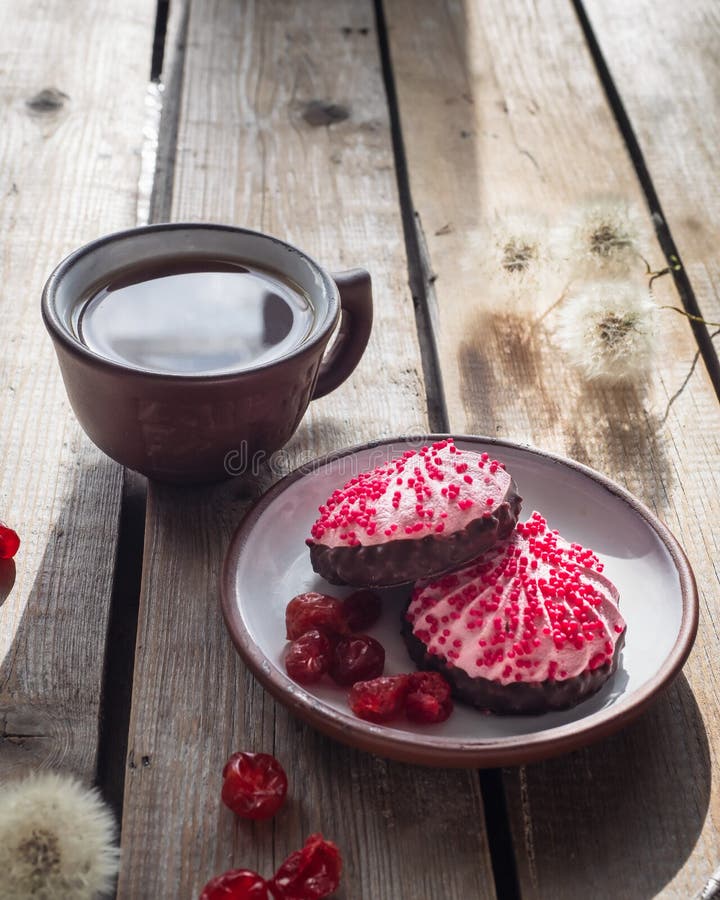 Sweet Minute of Rest with Tea and Fruit Marshmallows Stock Photo