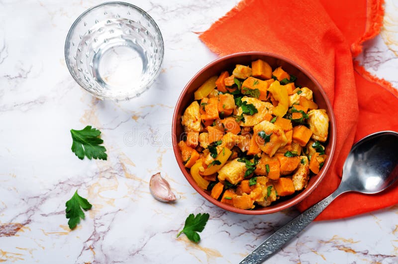 Sweet Potato Chicken Skillet Stock Image - Image of wooden, closeup