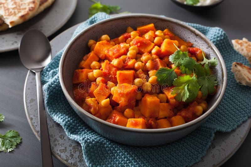 Sweet Potato and Chickpea Curry with Naan Bread Stock Photo Image of