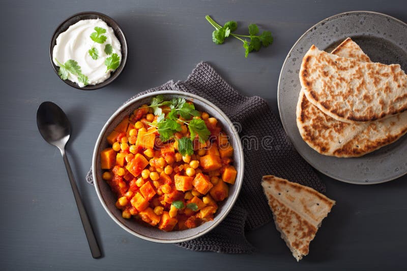 Sweet Potato and Chickpea Curry with Naan Bread Stock Image Image of