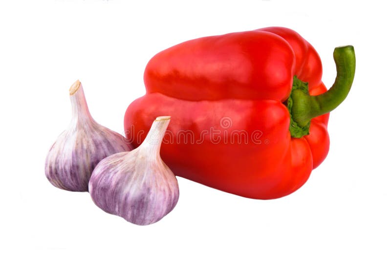 Sweet red pepper and garlic isolated on white