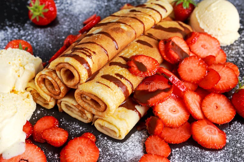 Sweet Rolled Pancakes with Nutella, Strawberry and Ice Cream Stock Image Image of bakery