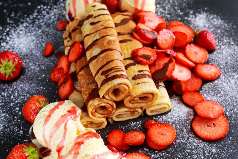 Sweet Rolled Pancakes with Nutella, Strawberry and Ice Cream Stock Photo Image of fruit