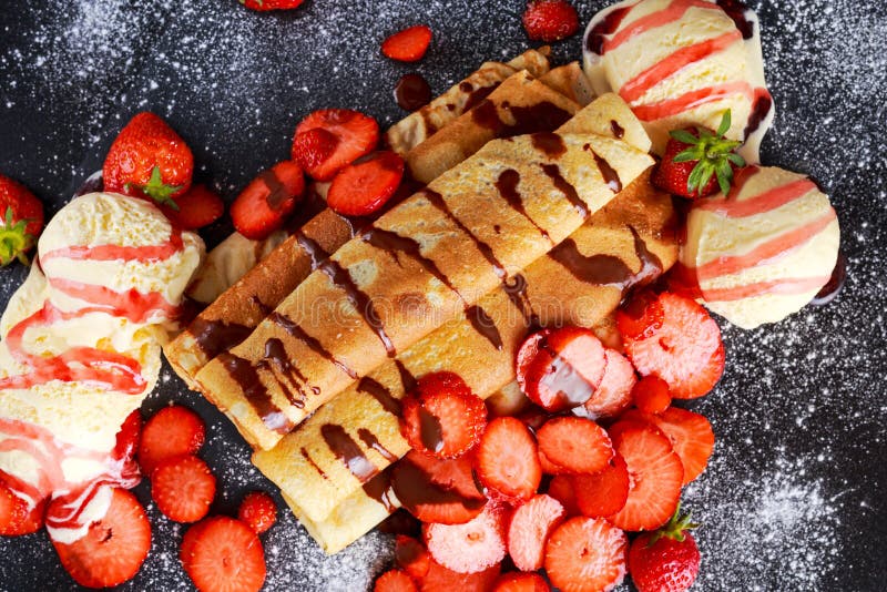 Sweet Rolled Pancakes with Nutella, Strawberry and Ice Cream Stock Photo Image of chocolate