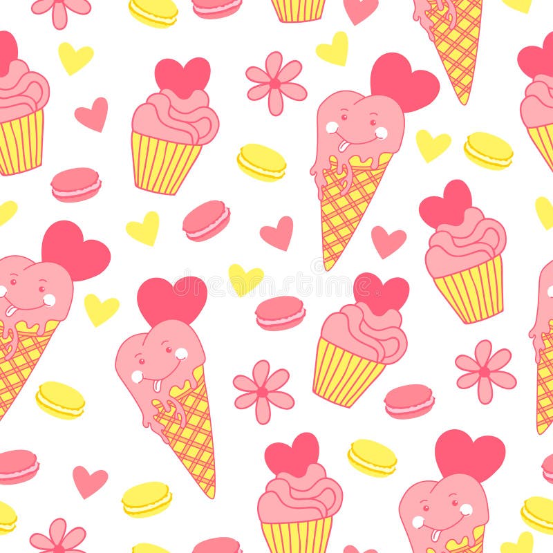 Sweet seamless pattern with ice cream, cupcake macaroons, hearts and flowers. vector illustration Sweet seamless pattern with ice cream, cupcake macaroons, hearts and flowers. vector illustration