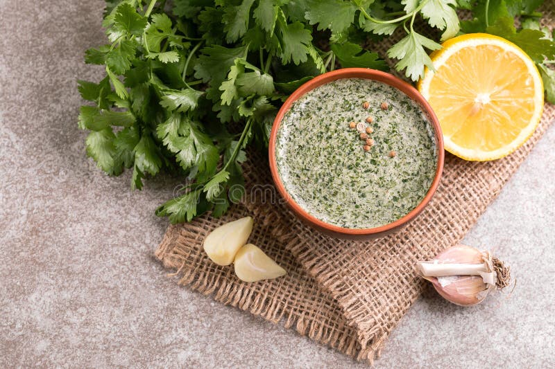 Sweet and sour green homemade sauce with cilantro, lemon and gar royalty free stock photos Sweet and sour green homemade sauce with cilantro, lemon and gar royalty free stock photos