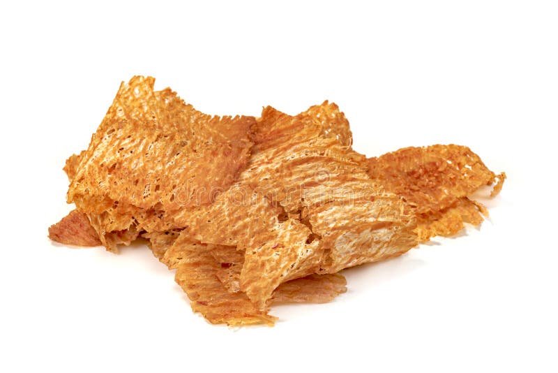 Sweet and Spicy Crushed Dried Squid Isolated on White Background Stock