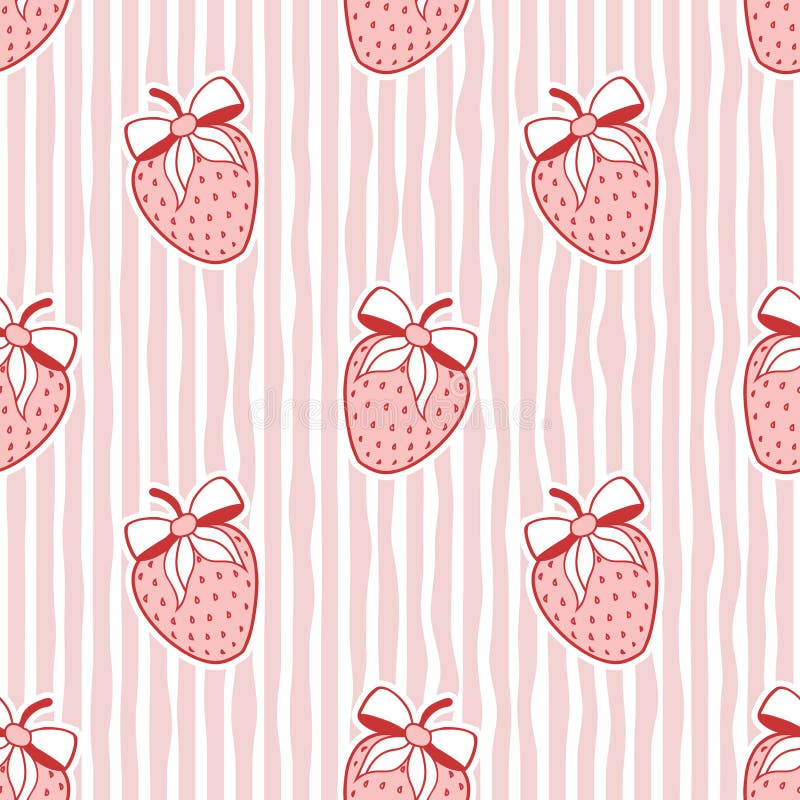 Sweet strawberry with bows seamless pattern on striped background. Valentines Day background vector illustration