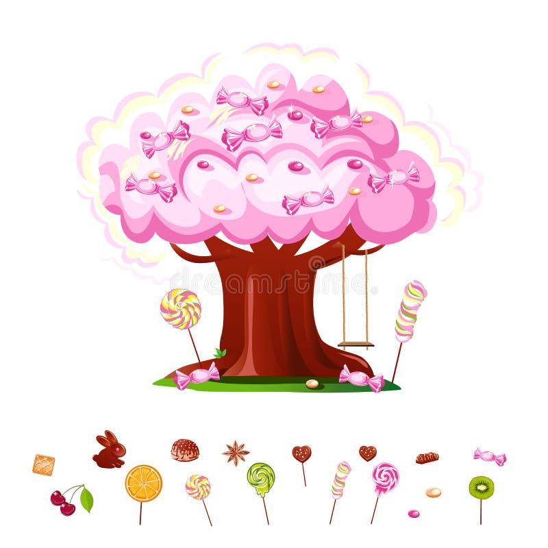 Fairy tale candy tree with pink lollipops and candy set for decoration. Set of fairy tale vector illustrations isolated on white background.