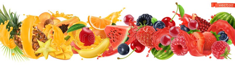 Sweet tropical fruits and mixed berries. Splash of juice. Watermelon, banana, pineapple, strawberry, orange, mango, blueberry vector illustration