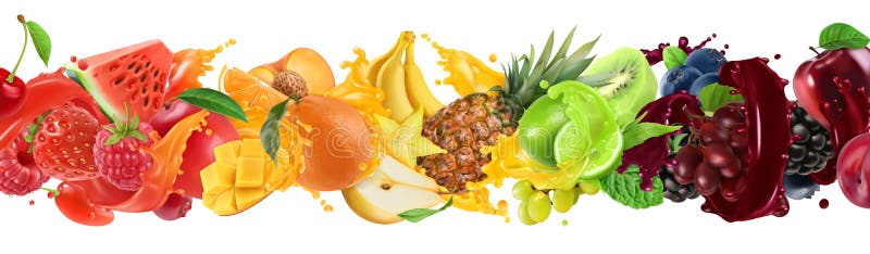 Sweet tropical fruits and mixed berries. Splash of juice. Watermelon, banana, pineapple, strawberry, orange, mango, lime stock illustration