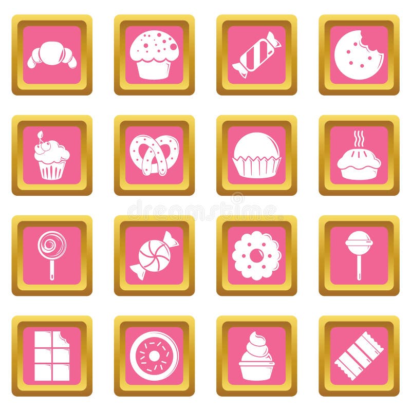 Sweets candy cakes icons set pink square vector stock illustration Sweets candy cakes icons set pink square vector stock illustration