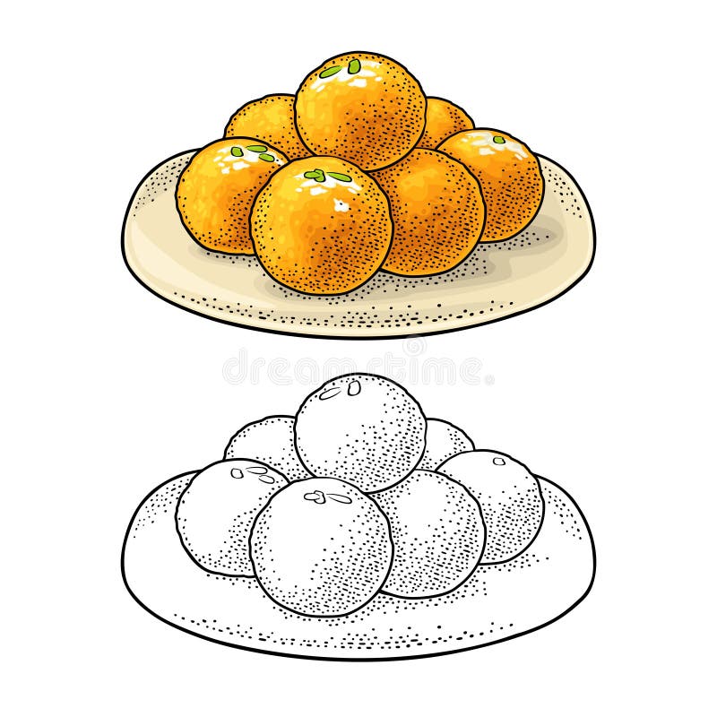 Indian traditional sweets Ladoo in plate. Vector vintage engraving