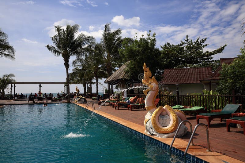 Swiming pool, Plants in the hotel area, palma, Phra Ae Beach, Ko Lanta, Thailand