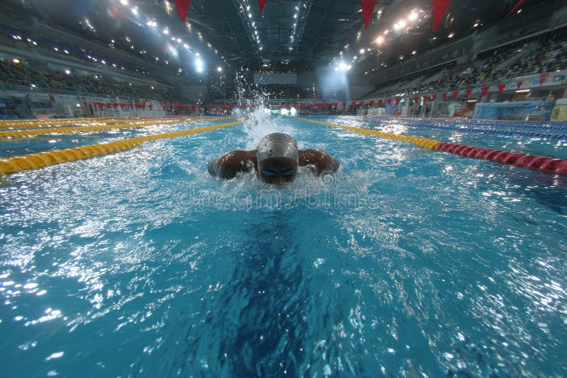 Swimmer in action at indoor swimming competition Multiple swimmers in various stages of swim, dark-colored swimwear, black lane stock photography