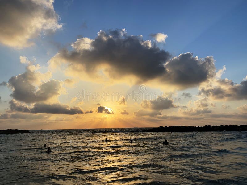 Swimming at Ashkelon Beach at Sunset